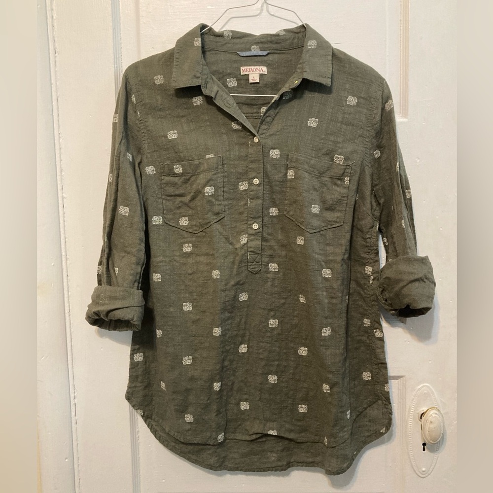 Merona Green Collar Button Down Cotton Shirt with Elephants - Picture 10 of 11